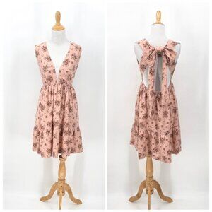 HOUSE OF HARLOWE 1960 Floral Linen Mini Dress Small Pink Plunging VNeck Tie Back